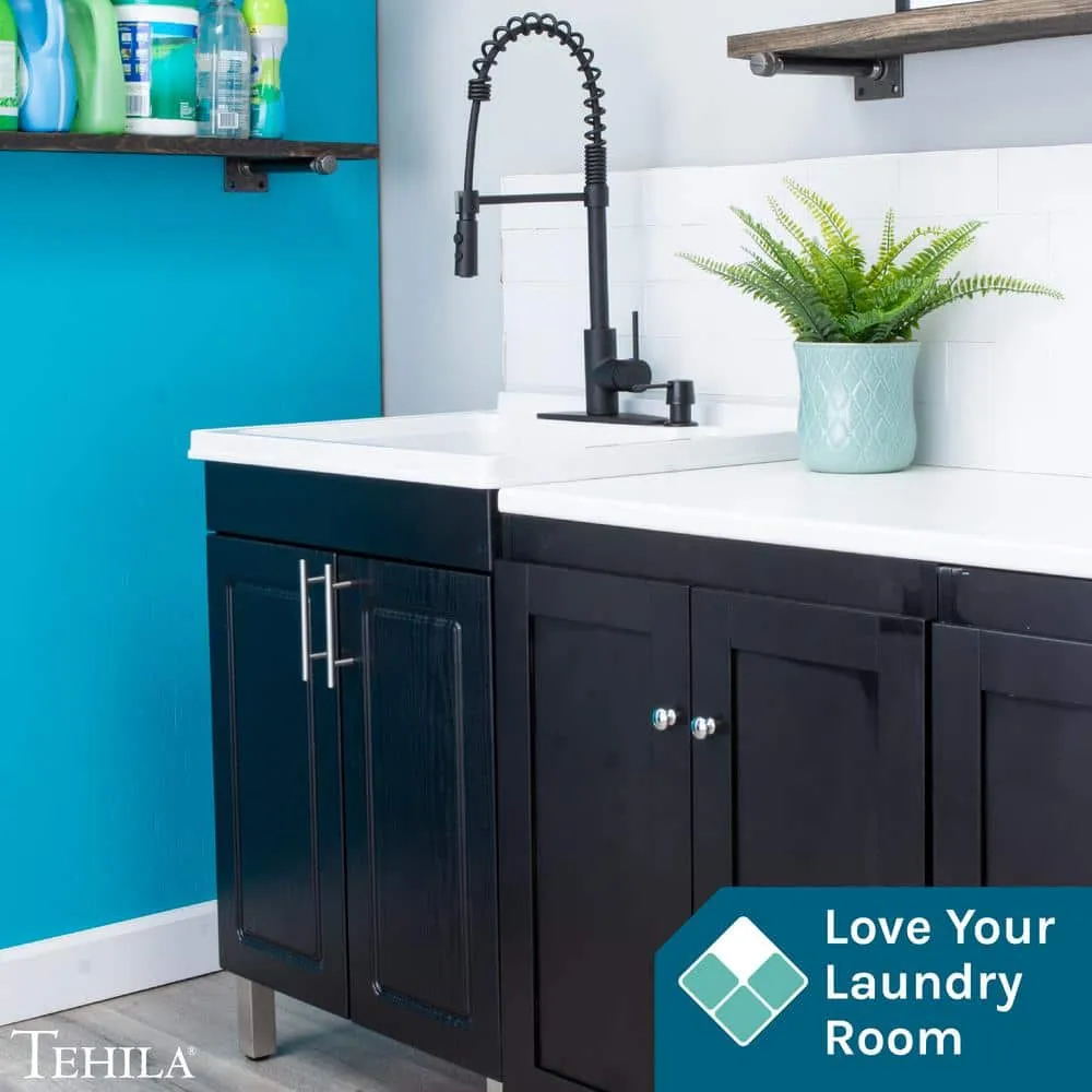 TEHILA 18 Gallons 21.75 in. x 25 in. Thermoplastic Drop-in Laundry Sink with Black Faucet, Black Cabinet, and Soap Dispenser, photo 6 of 11