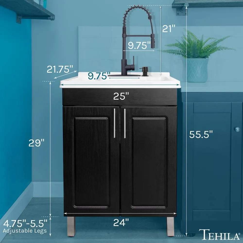 TEHILA 18 Gallons 21.75 in. x 25 in. Thermoplastic Drop-in Laundry Sink with Black Faucet, Black Cabinet, and Soap Dispenser, photo 5 of 11