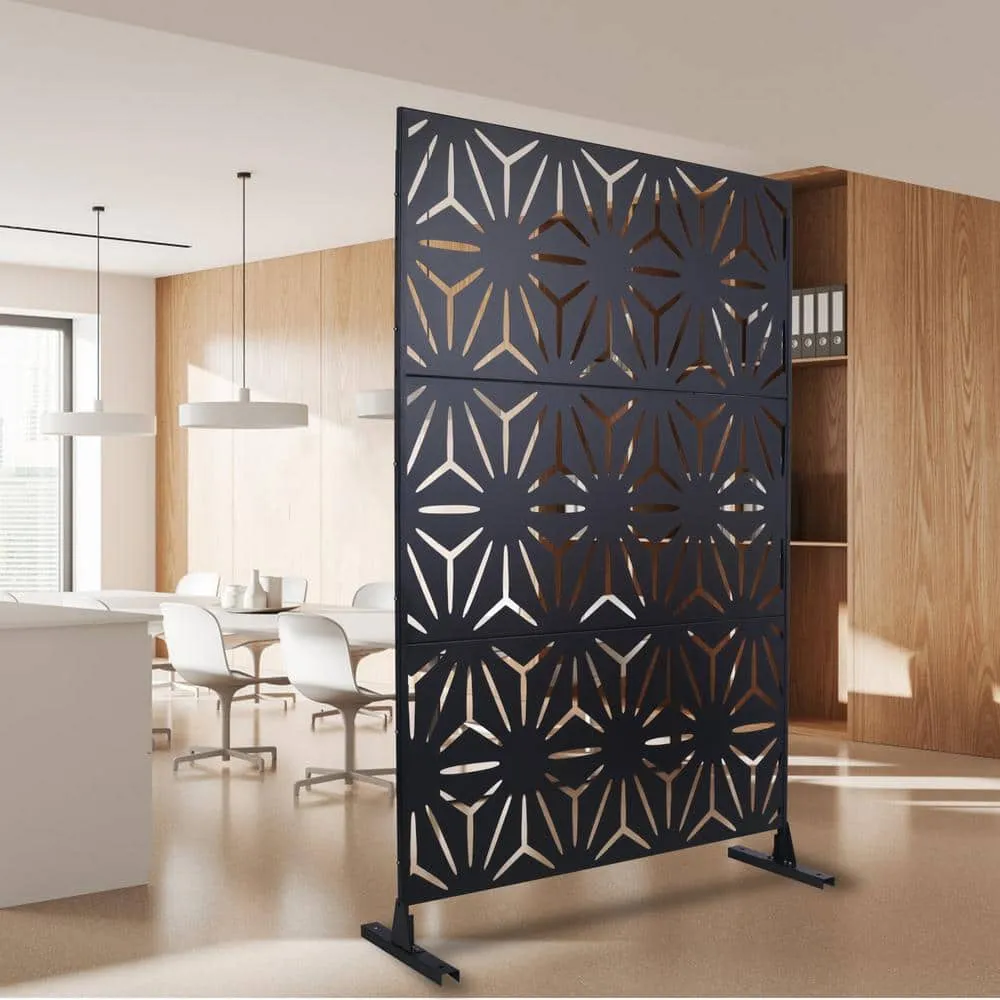 Tidoin 6.3 ft. x 4 ft. Black Steel Freestanding Flat Flat Top Decorative Privacy Screen Metal Fence Panel, photo 5 of 6