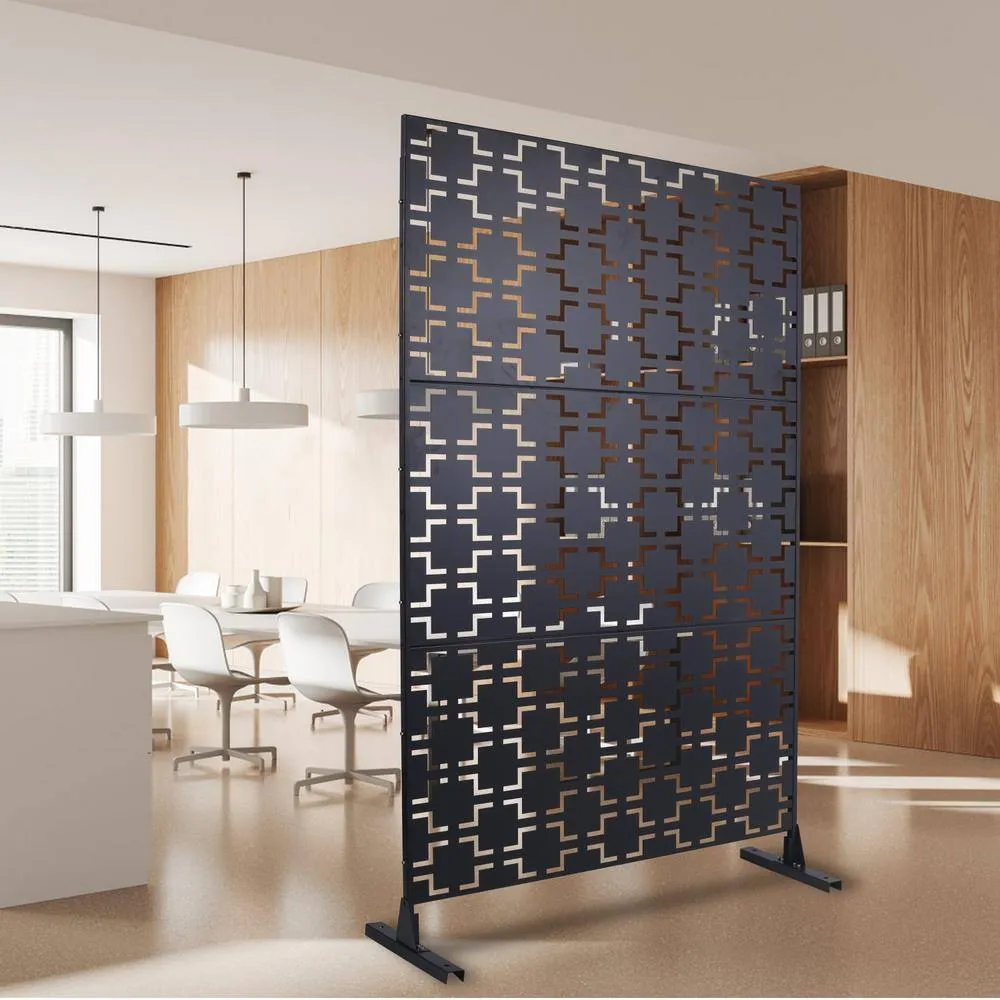 Tidoin 6.3 ft. x 4 ft. Black Steel Freestanding Flat Flat Top Decorative Privacy Screen Metal Fence Panel, photo 4 of 6
