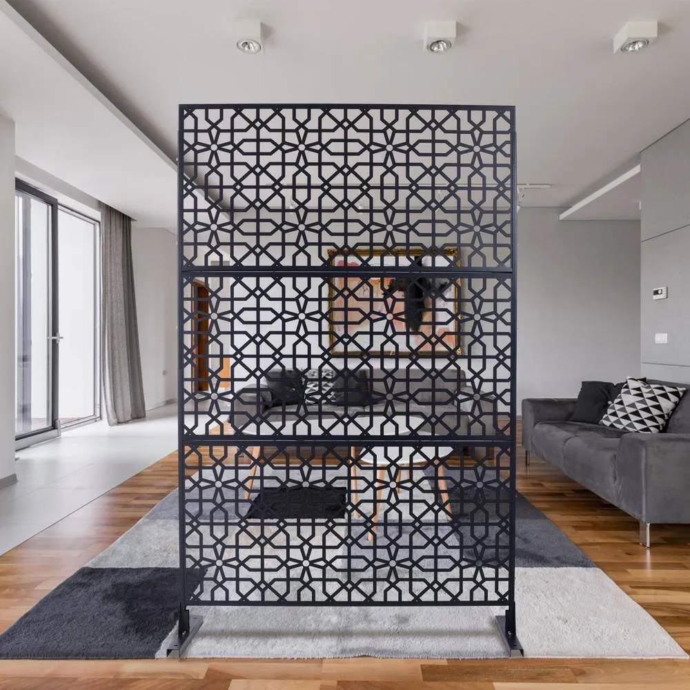 Tidoin 6.3 ft. x 4 ft. Black Steel Freestanding Flat Flat Top Decorative Privacy Screen Metal Fence Panel, photo 3 of 6