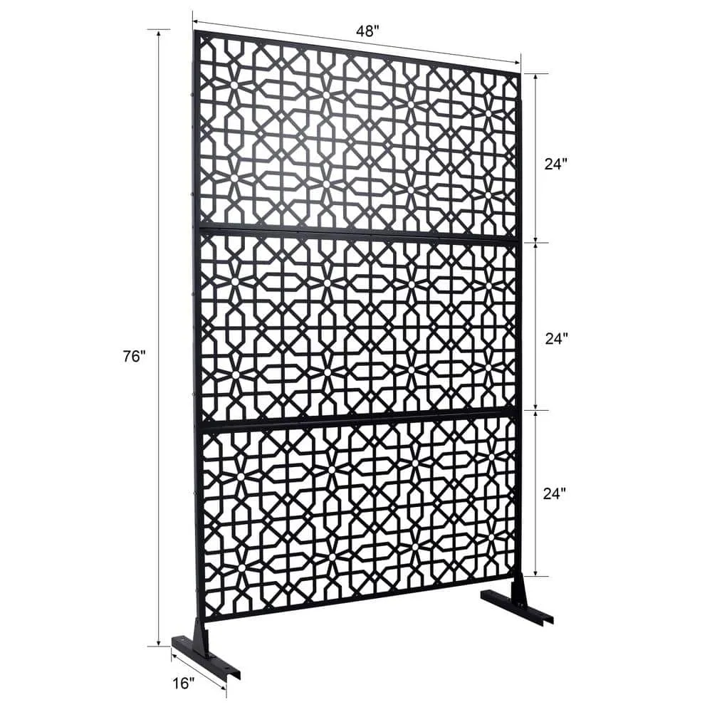Tidoin 6.3 ft. x 4 ft. Black Steel Freestanding Flat Flat Top Decorative Privacy Screen Metal Fence Panel, photo 2 of 6