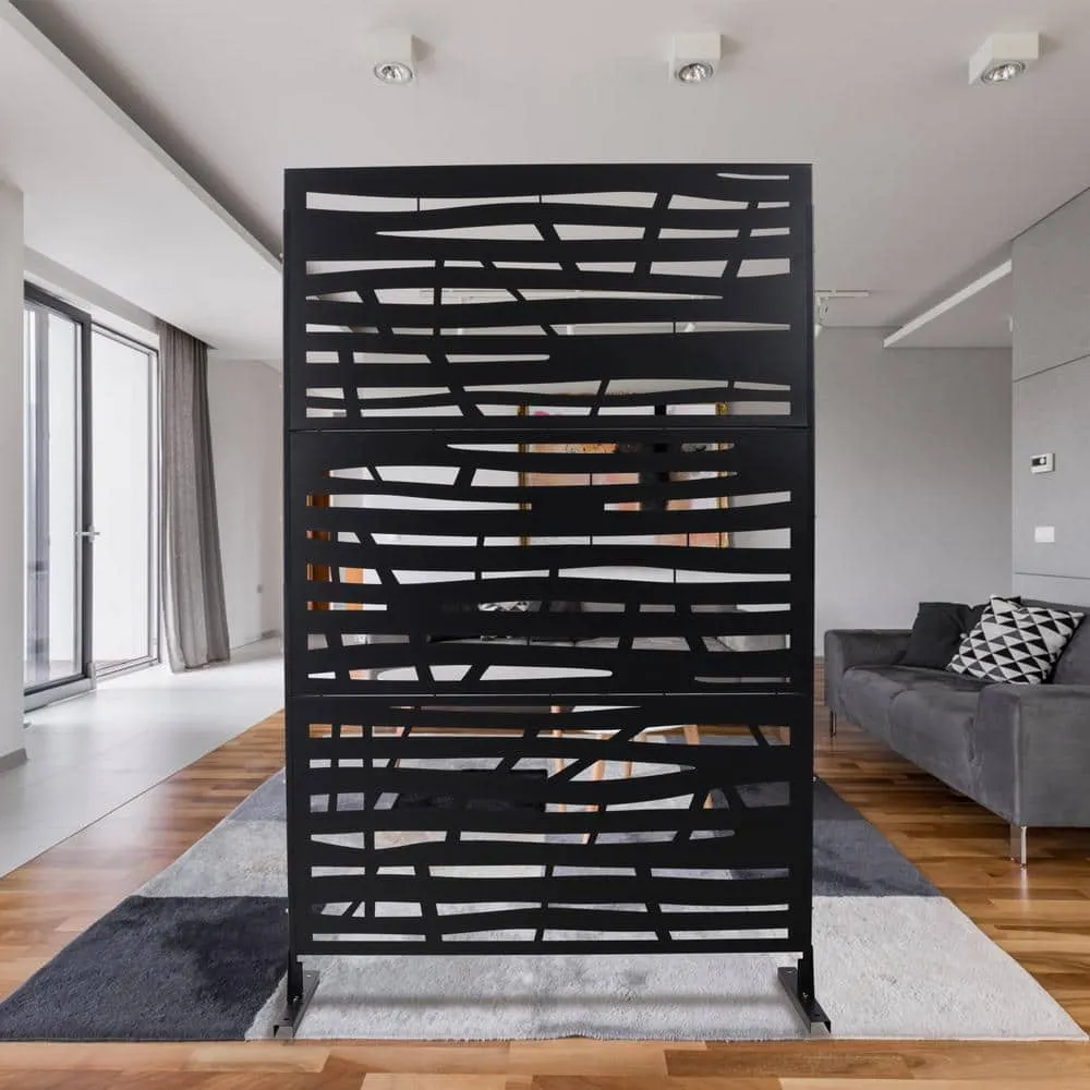 Tidoin 6.3 ft. x 4 ft. Black Steel Freestanding Flat Flat Top Decorative Privacy Screen Metal Fence Panel, photo 3 of 6