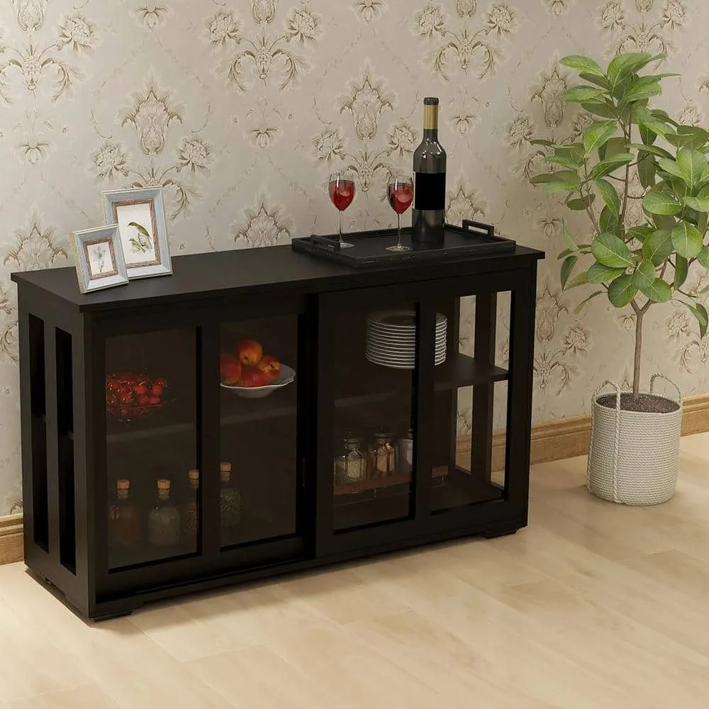 Tileon Black Kitchen Storage Cabinet Stand Cupboard With Glass Door (41.93 in. x 13.99 in. x 24.61 in.), photo 4 of 5