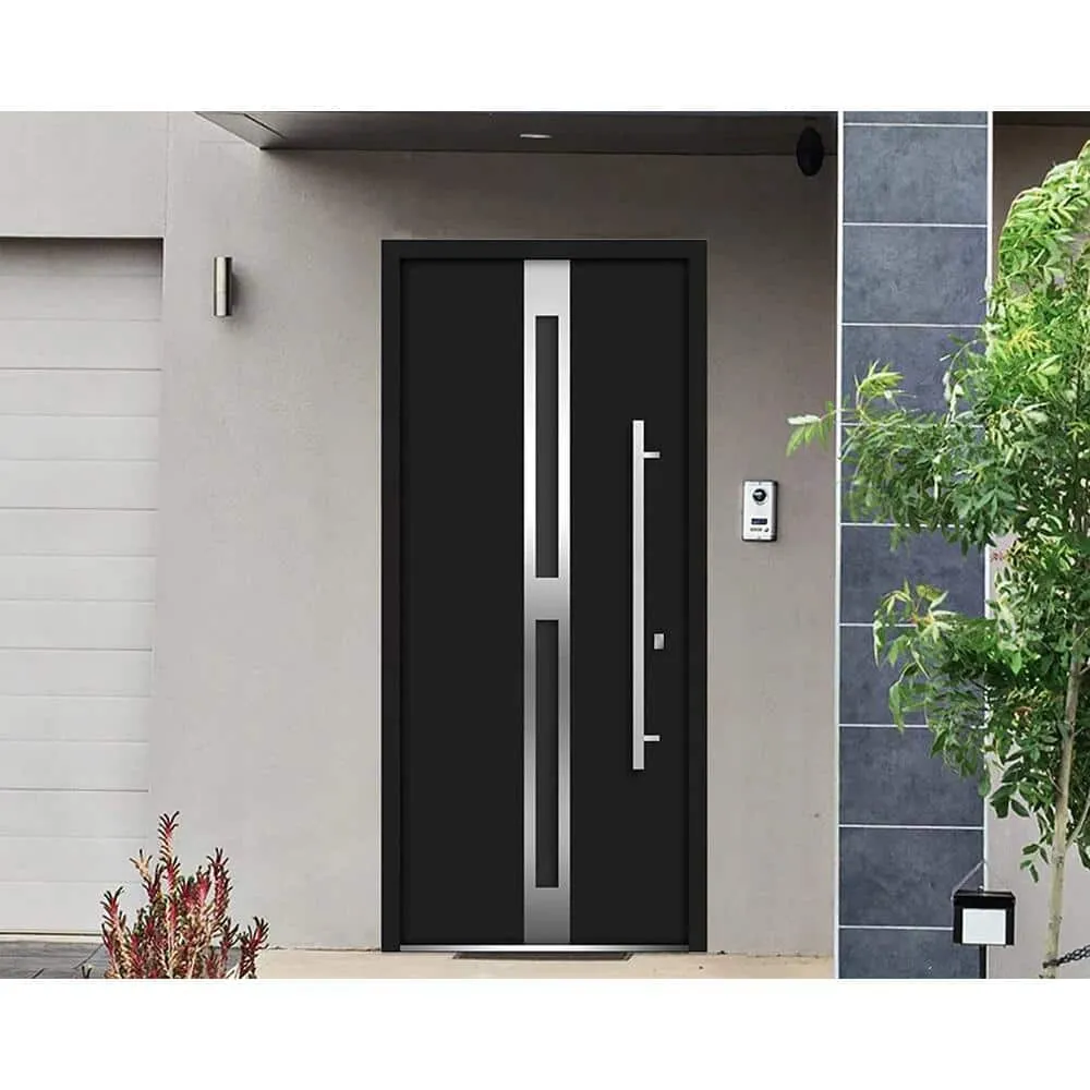 VDOMDOORS 36 in. x 80 in. Right-Hand/Inswing 2 Lites Tinted Glass Black Finished Steel Prehung Front Door with Handle, photo 2 of 2