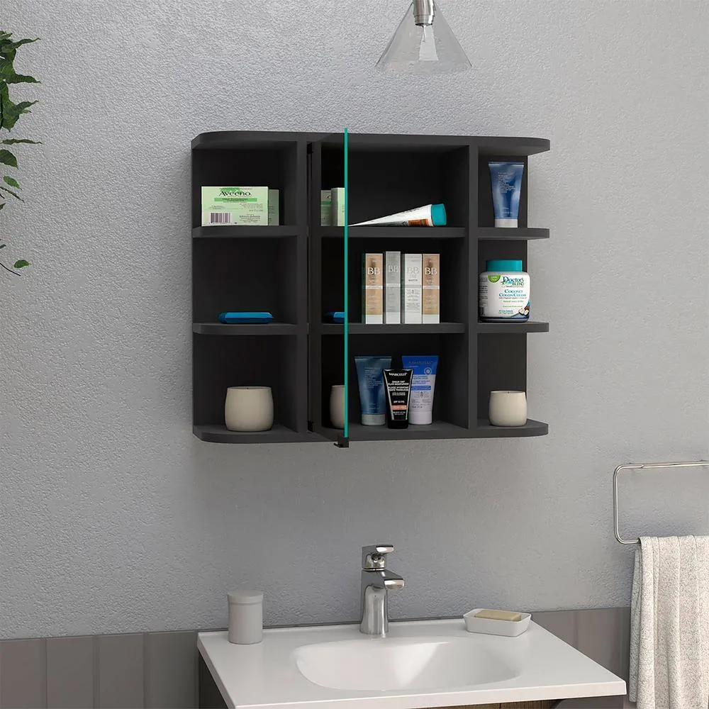 Aoibox 24 in. W x 20 in. H Rectangular Wood Medicine Cabinet with Mirror, 6 External Shelves,3 Internal Shelves in Black Wengue, photo 9 of 13
