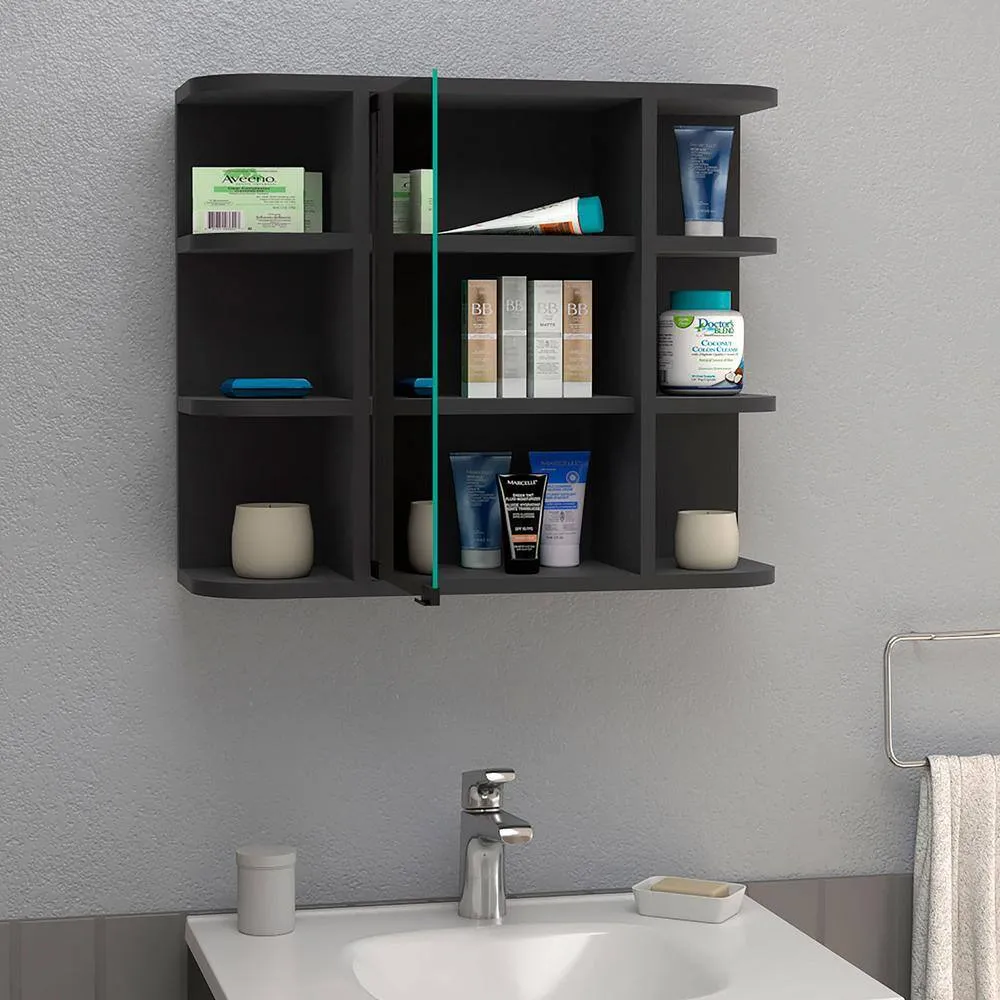 Aoibox 24 in. W x 20 in. H Rectangular Wood Medicine Cabinet with Mirror, 6 External Shelves,3 Internal Shelves in Black Wengue, photo 13 of 13