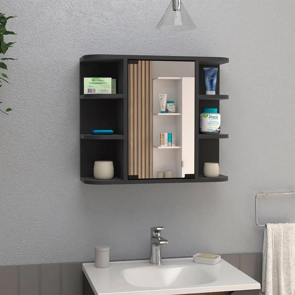 Aoibox 24 in. W x 20 in. H Rectangular Wood Medicine Cabinet with Mirror, 6 External Shelves,3 Internal Shelves in Black Wengue, photo 10 of 13