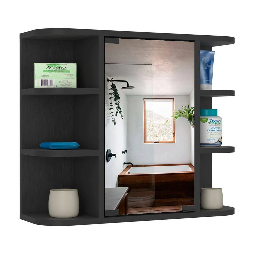 Aoibox 24 in. W x 20 in. H Rectangular Wood Medicine Cabinet with Mirror, 6 External Shelves,3 Internal Shelves in Black Wengue, photo 8 of 13