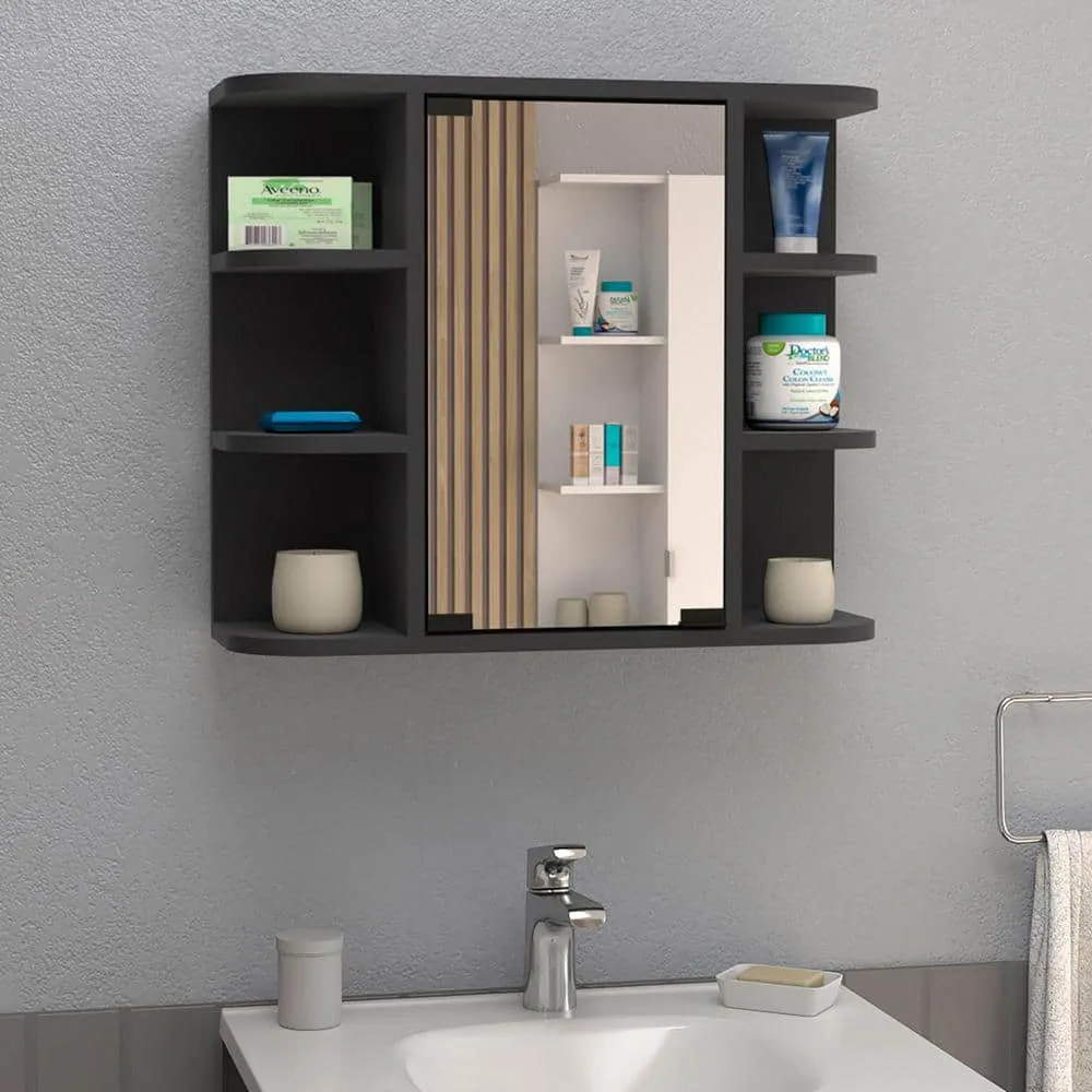 Aoibox 24 in. W x 20 in. H Rectangular Wood Medicine Cabinet with Mirror, 6 External Shelves,3 Internal Shelves in Black Wengue, photo 4 of 13