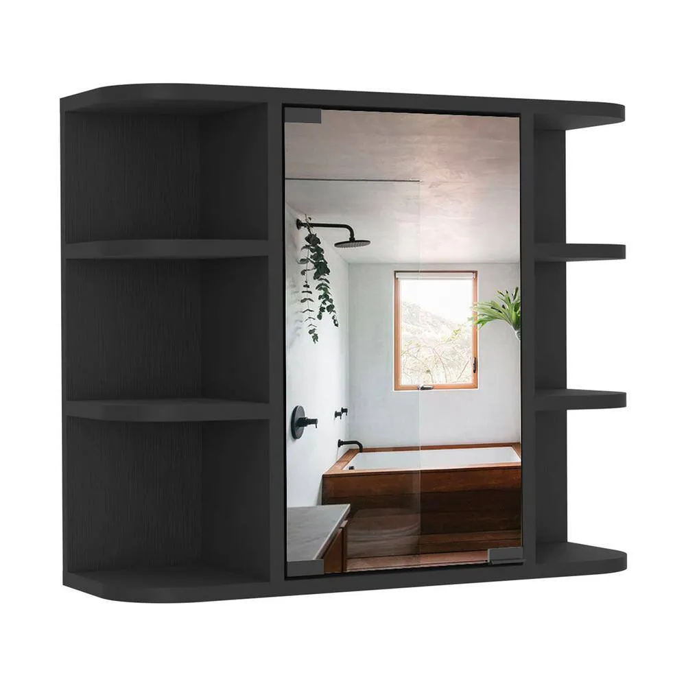 Aoibox 24 in. W x 20 in. H Rectangular Wood Medicine Cabinet with Mirror, 6 External Shelves,3 Internal Shelves in Black Wengue, photo 7 of 13