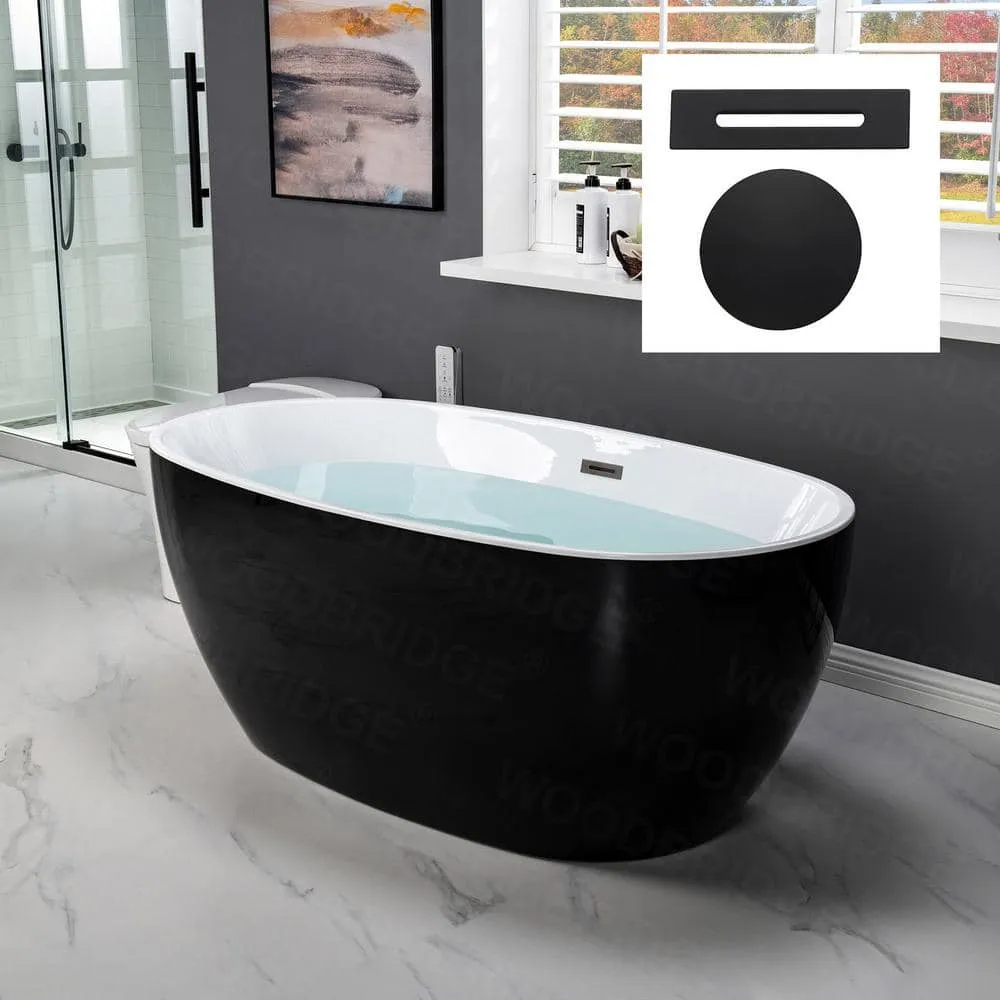 WOODBRIDGE Troyes 59 in. Acrylic Freestanding Double-Ended Soaking Bathtub with Drain and Overflow, Black with Matte Black Trim, photo 5 of 12