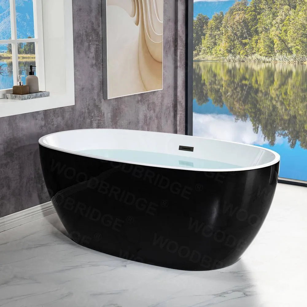 WOODBRIDGE Troyes 59 in. Acrylic Freestanding Double-Ended Soaking Bathtub with Drain and Overflow, Black with Matte Black Trim, photo 10 of 12