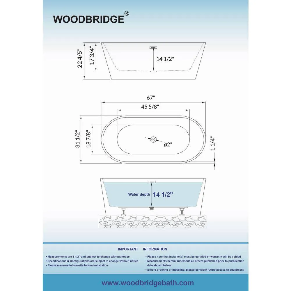 WOODBRIDGE Piscataway 67 in. Acrylic FlatBottom Double-Ended Freestanding Bathtub with Matte Black Overflow and Drain, Black, photo 7 of 9