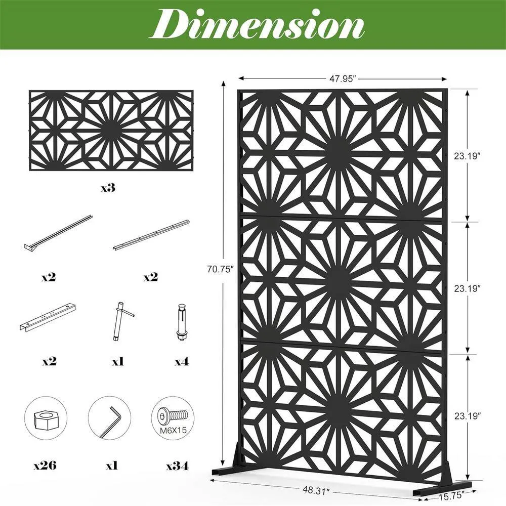 Zeus & Ruta 5.9 ft. H x 4 ft. W Outdoor Privacy Screen Wall in Black Decorative Metal Freestanding Garden Fence for Patio, Backyard, photo 6 of 6