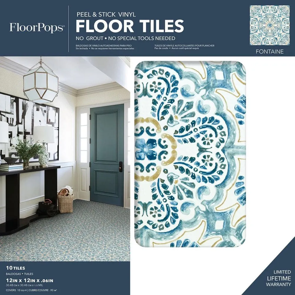 FloorPops Blue 2.76-mil x 12-in W x 12-in L Water Resistant Peel and Stick Vinyl Tile Flooring, photo 6 of 6