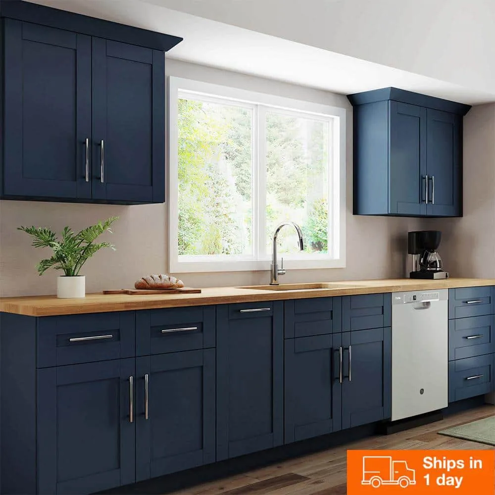 Contractor Express Cabinets Arlington Vessel Blue Plywood Shaker Stock Assembled Base Kitchen Cabinet Soft Close Left 9 in W x 24 in D x 34.5 in H, photo 2 of 6