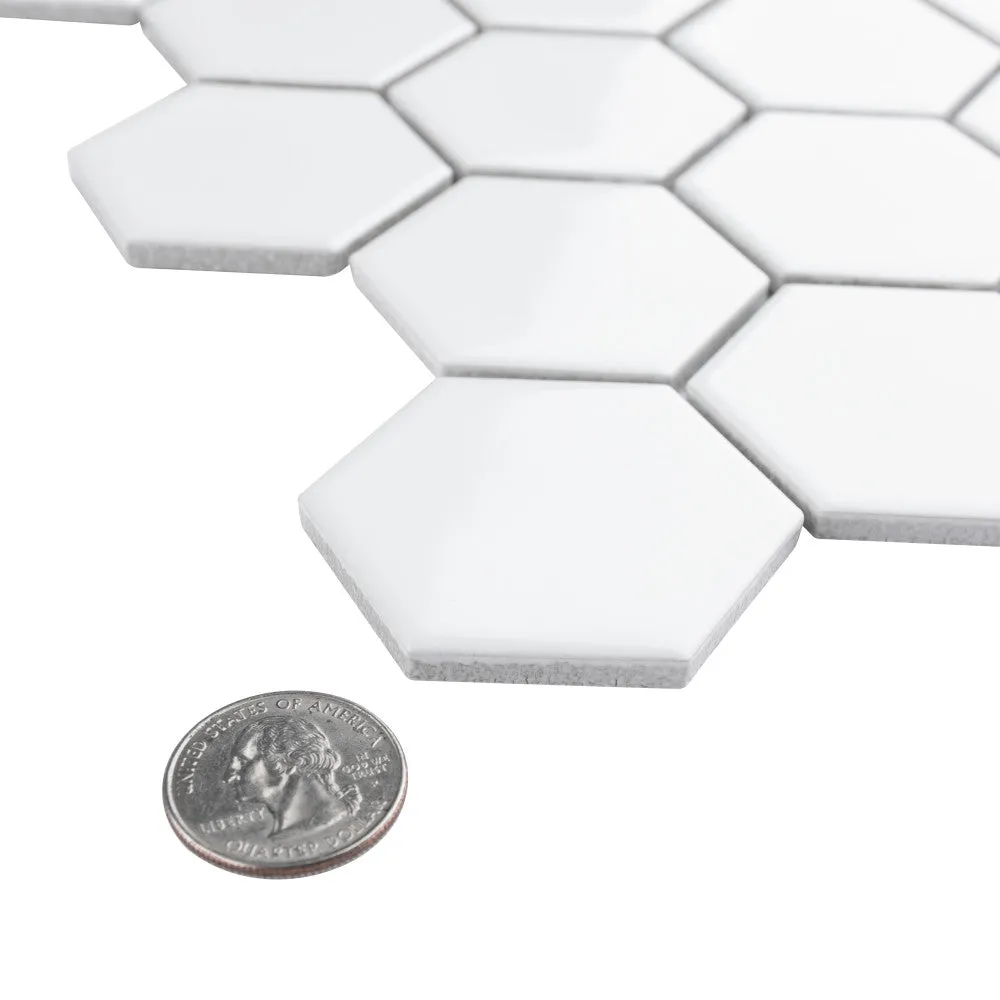 Merola Tile Metro Hex 2" Glossy White Porcelain Mosaic, 11-1/8 in. x 12-5/8 in. Sheet (9.64 sq. ft. per Case), photo 4 of 8