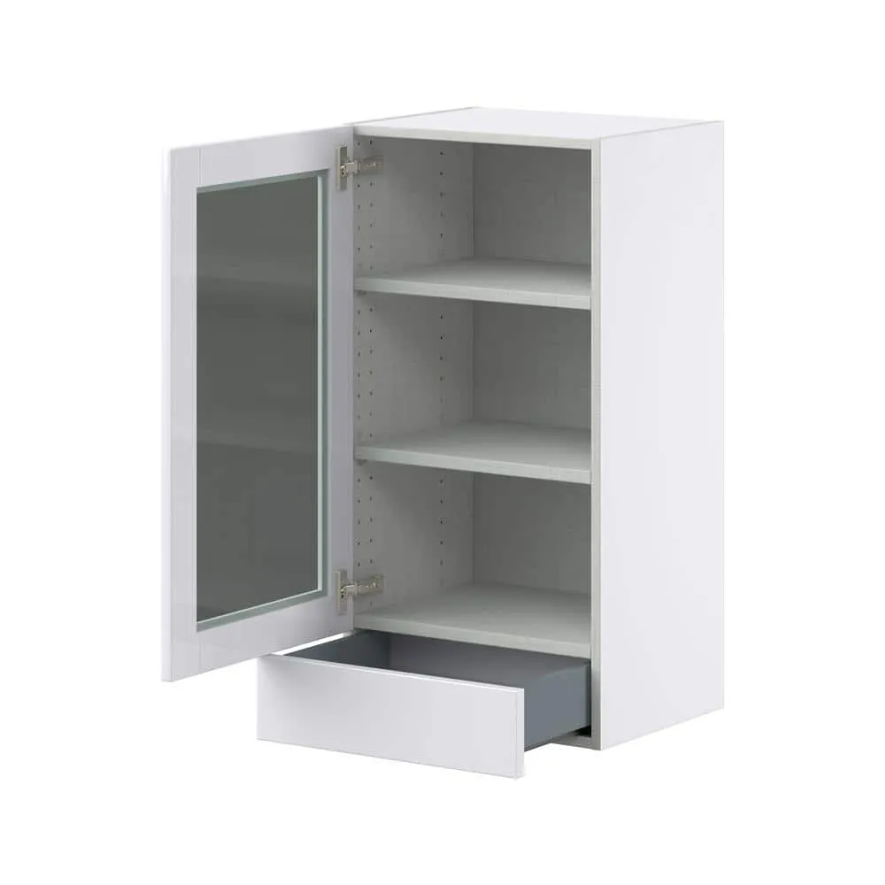 J COLLECTION Bright White Shaker Assembled Wall Kitchen Cabinet with Glass Door and 2-Drawer (18 in. W x 35 in. H x 14 in. D), photo 7 of 13