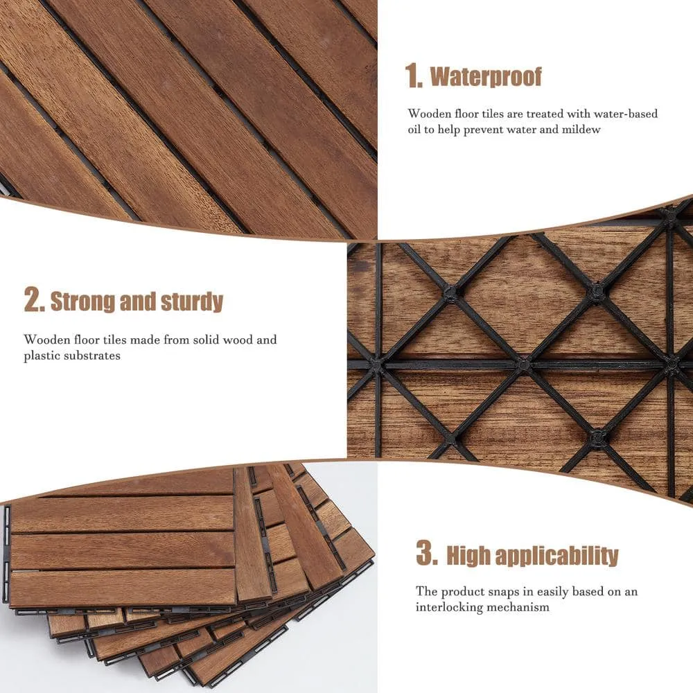 Tatayosi 12 in. x 12 in. Striped Pattern Outdoor Acacia Wood Interlocking Deck Tiles in Brown (10-Pieces), photo 6 of 9