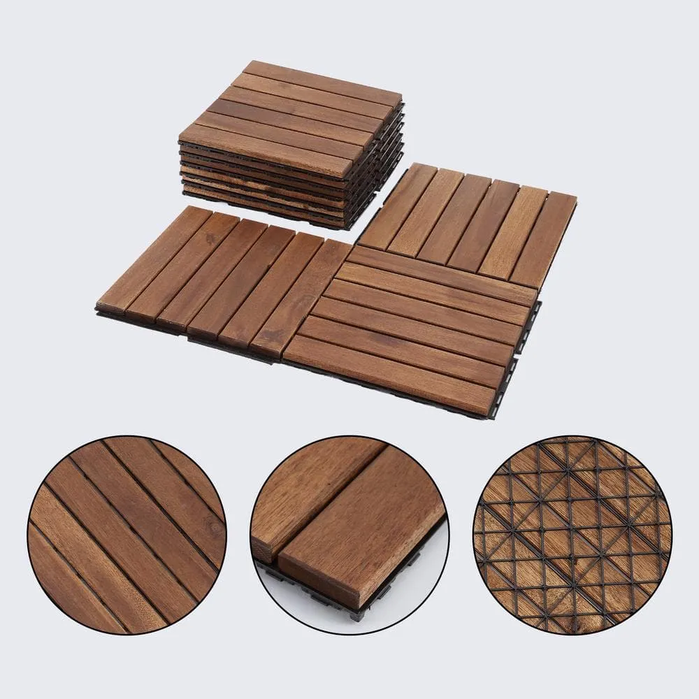 Tatayosi 12 in. x 12 in. Striped Pattern Outdoor Acacia Wood Interlocking Deck Tiles in Brown (10-Pieces), photo 5 of 9