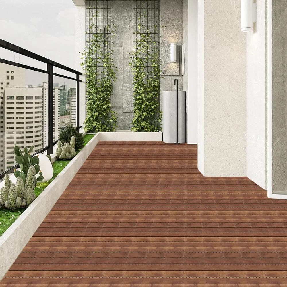 Tatayosi 12 in. x 12 in. Striped Pattern Outdoor Acacia Wood Interlocking Deck Tiles in Brown (10-Pieces), photo 3 of 9