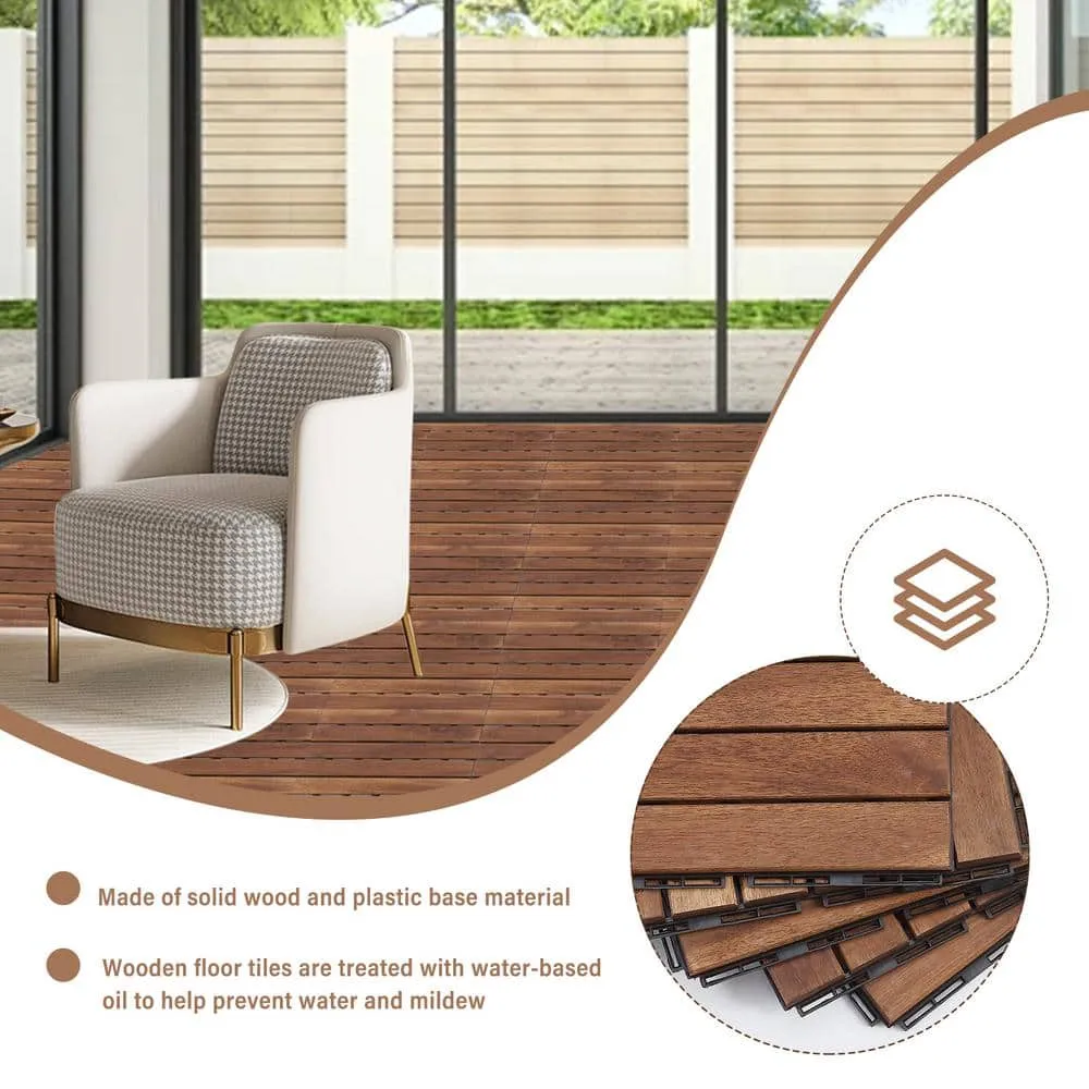 Tatayosi 12 in. x 12 in. Striped Pattern Outdoor Acacia Wood Interlocking Deck Tiles in Brown (10-Pieces), photo 8 of 9