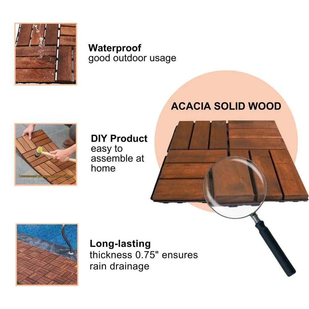 cadeninc 12 in. x 0.74 in. Brown Square Acacia Hardwood Outdoor Flooring for Patio, Bancony, Pool Side (10 sq. ft.) (10-pack), photo 2 of 8