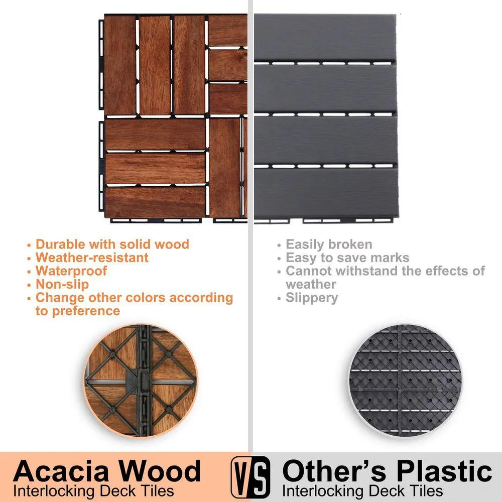 cadeninc 12 in. x 0.74 in. Brown Square Acacia Hardwood Outdoor Flooring for Patio, Bancony, Pool Side (10 sq. ft.) (10-pack), photo 8 of 8