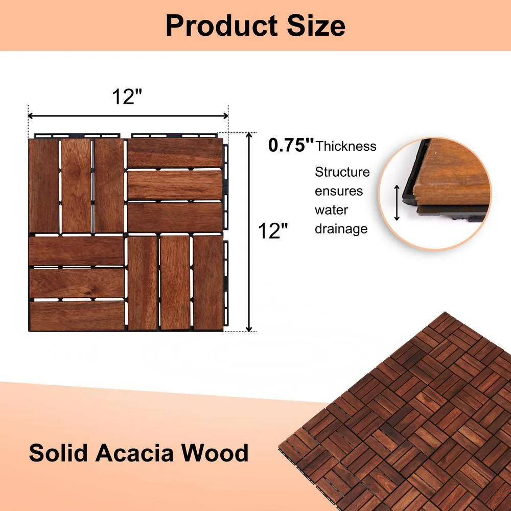 cadeninc 12 in. x 0.74 in. Brown Square Acacia Hardwood Outdoor Flooring for Patio, Bancony, Pool Side (10 sq. ft.) (10-pack), photo 3 of 8