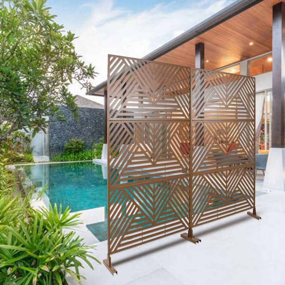 Tidoin 6.3 ft. x 4 ft. Brown Steel Freestanding Flat Flat Top Decorative Privacy Screen Metal Fence Panel, photo 3 of 7