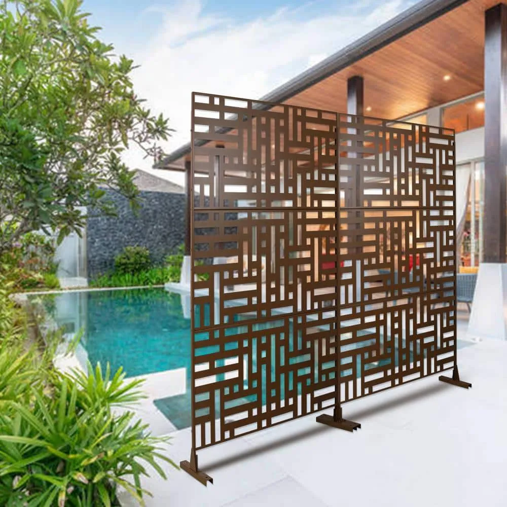 Tidoin 6.3 ft. x 4 ft. Brown Steel Freestanding Flat Flat Top Decorative Privacy Screen Metal Fence Panel, photo 3 of 6