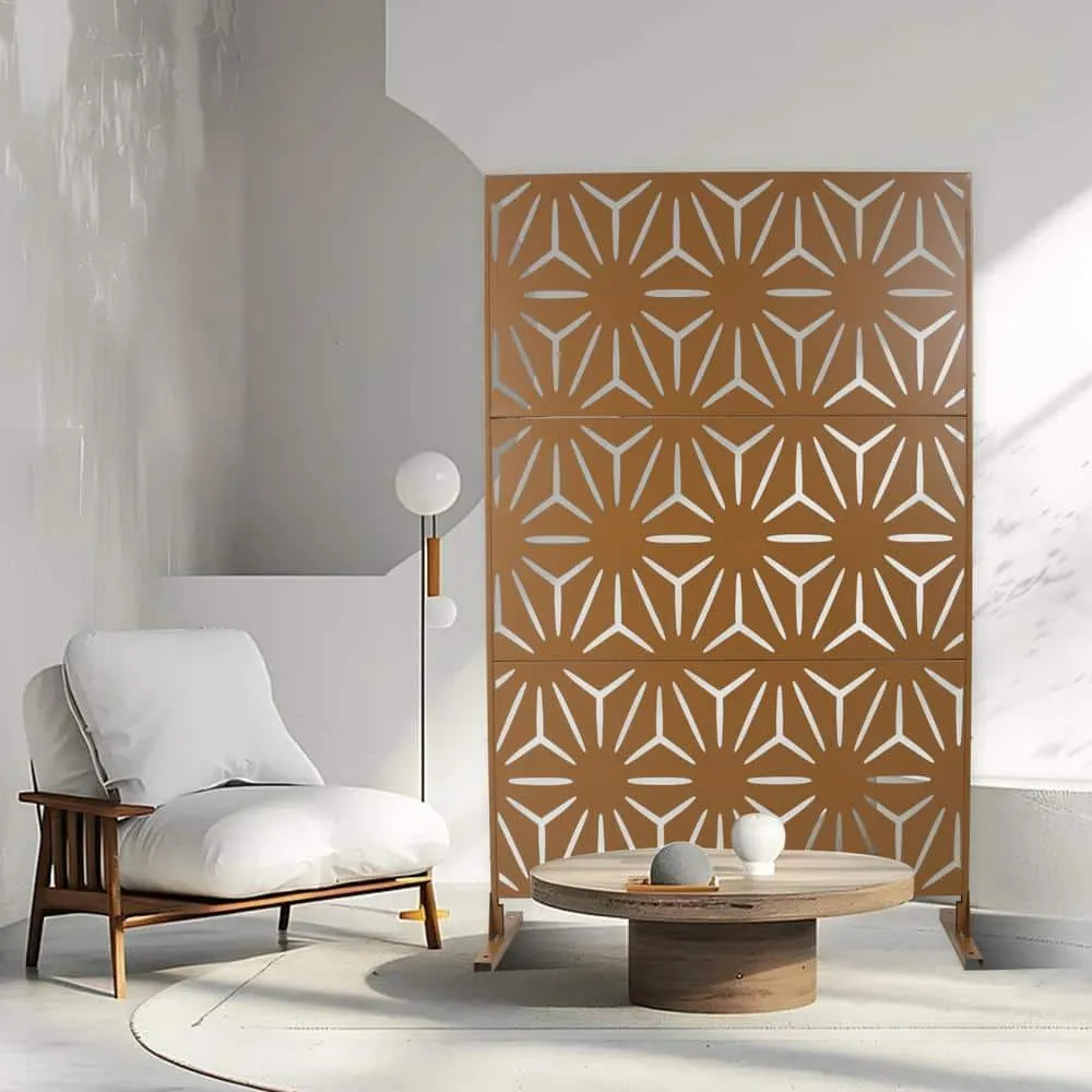 Tidoin 6.3 ft. x 4 ft. Brown Steel Freestanding Flat Flat Top Decorative Privacy Screen Metal Fence Panel, photo 4 of 6
