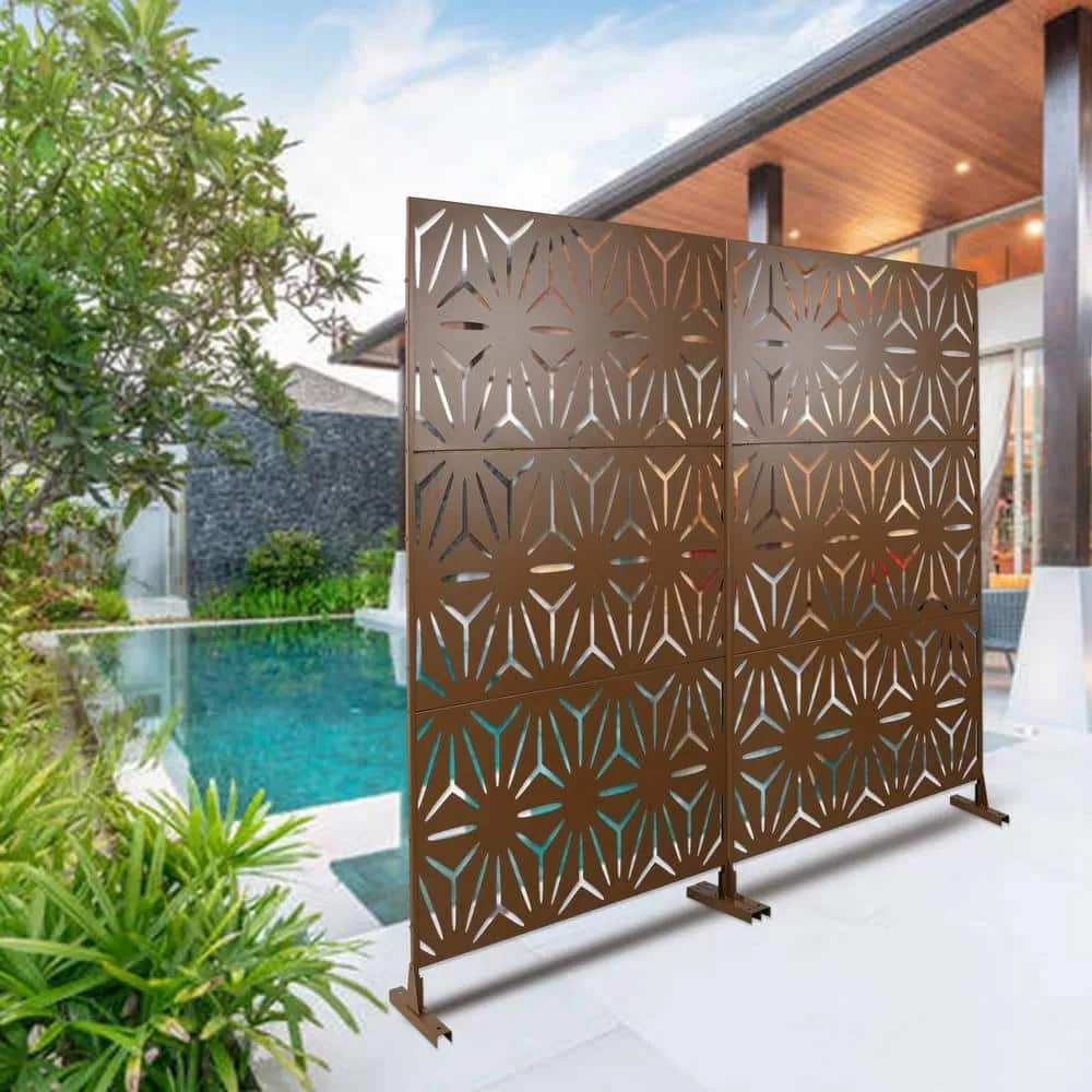 Tidoin 6.3 ft. x 4 ft. Brown Steel Freestanding Flat Flat Top Decorative Privacy Screen Metal Fence Panel, photo 3 of 6
