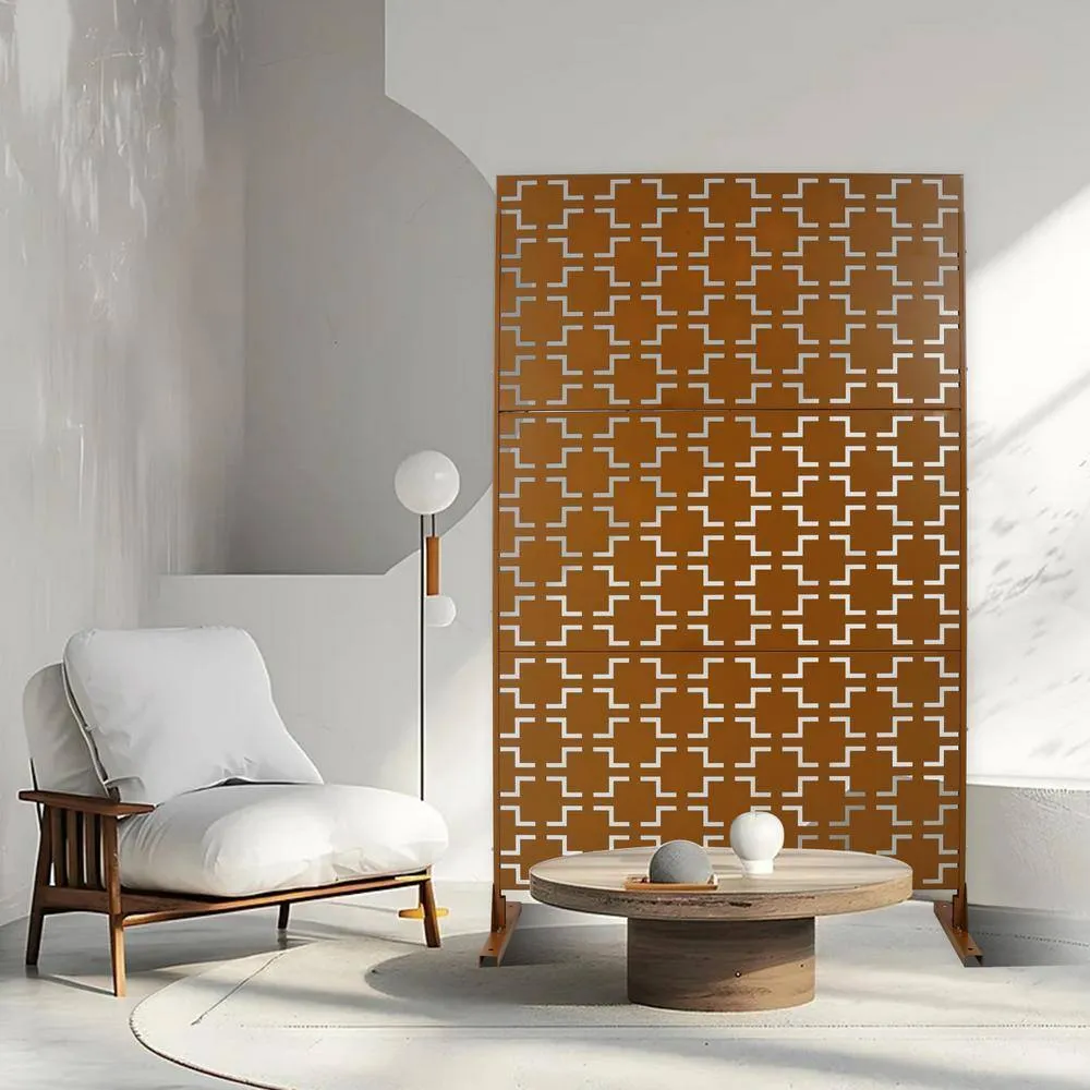 Tidoin 6.3 ft. x 4 ft. Brown Steel Freestanding Flat Flat Top Decorative Privacy Screen Metal Fence Panel, photo 4 of 6