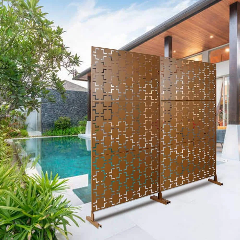 Tidoin 6.3 ft. x 4 ft. Brown Steel Freestanding Flat Flat Top Decorative Privacy Screen Metal Fence Panel, photo 3 of 6
