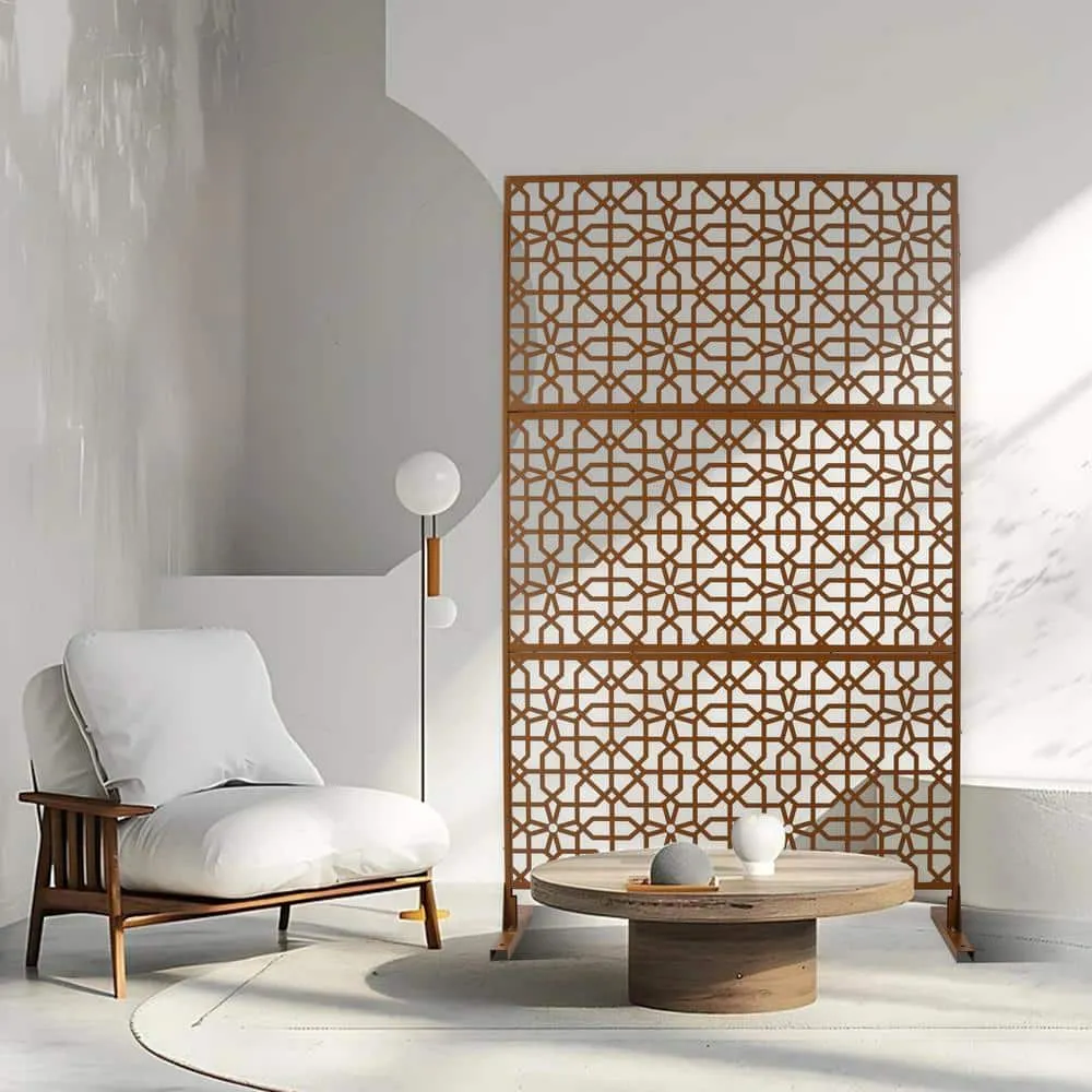 Tidoin 6.3 ft. x 4 ft. Brown Steel Freestanding Flat Flat Top Decorative Privacy Screen Metal Fence Panel, photo 4 of 7