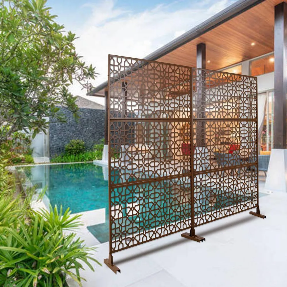 Tidoin 6.3 ft. x 4 ft. Brown Steel Freestanding Flat Flat Top Decorative Privacy Screen Metal Fence Panel, photo 3 of 7