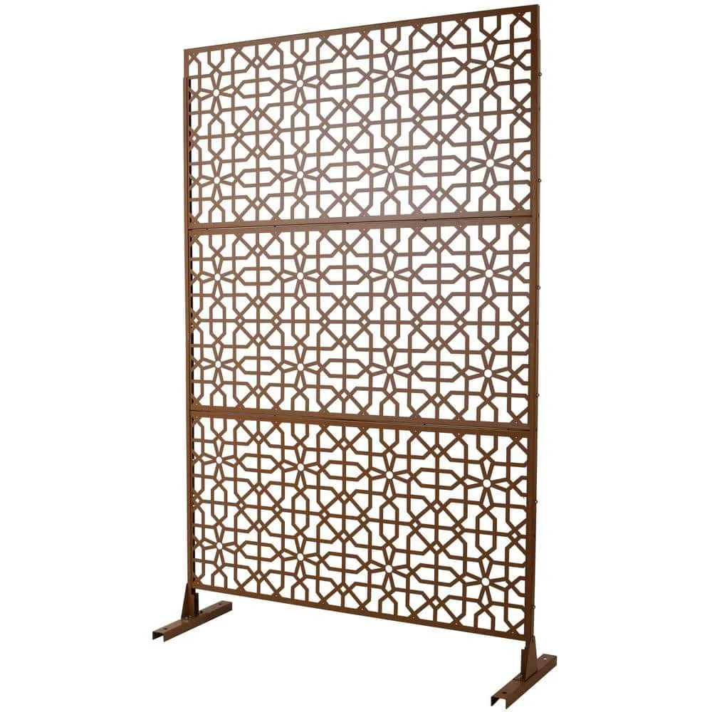 Tidoin 6.3 ft. x 4 ft. Brown Steel Freestanding Flat Flat Top Decorative Privacy Screen Metal Fence Panel, photo 6 of 7