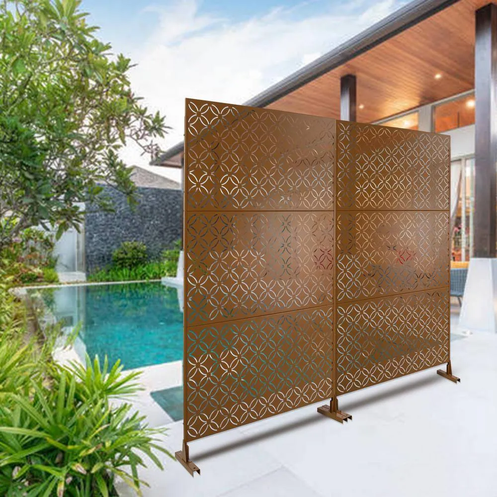 Tidoin 6.3 ft. x 4 ft. Brown Steel Freestanding Flat Flat Top Decorative Privacy Screen Metal Fence Panel, photo 3 of 6
