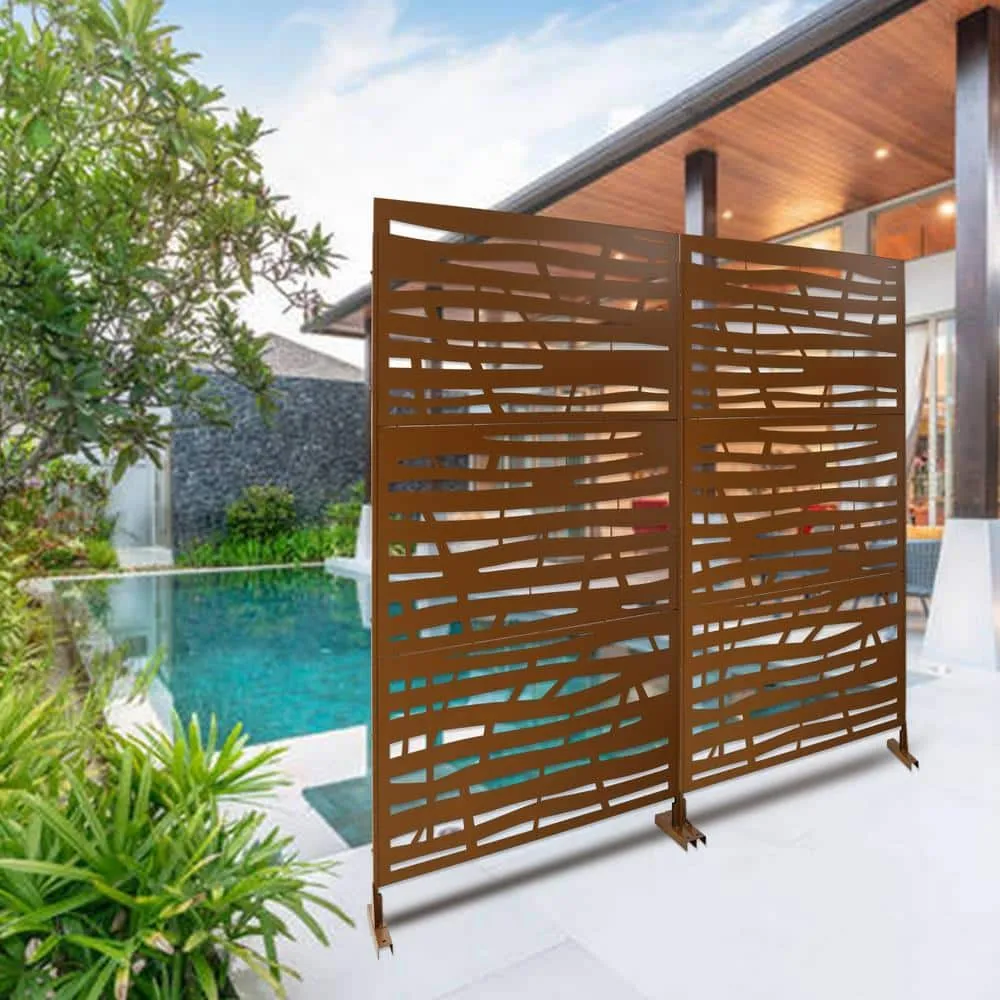 Tidoin 6.3 ft. x 4 ft. Brown Steel Freestanding Flat Flat Top Decorative Privacy Screen Metal Fence Panel, photo 4 of 6