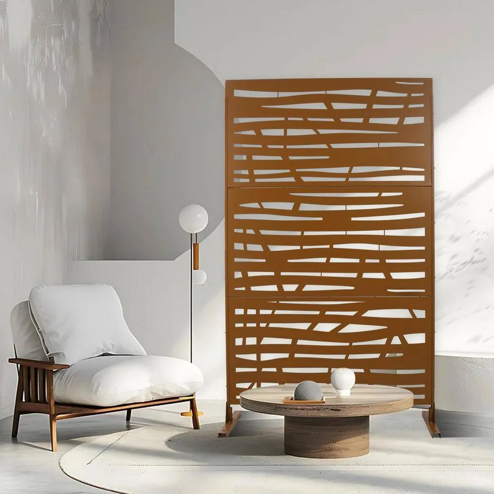 Tidoin 6.3 ft. x 4 ft. Brown Steel Freestanding Flat Flat Top Decorative Privacy Screen Metal Fence Panel, photo 3 of 6