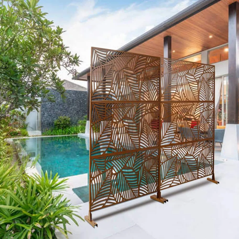 Tidoin 6.3 ft. x 4 ft. Brown Steel Freestanding Flat Flat Top Decorative Privacy Screen Metal Fence Panel, photo 3 of 6