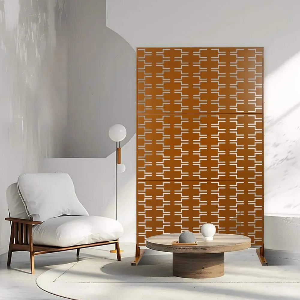 Tidoin 6.3 ft. x 4 ft. Brown Steel Freestanding Flat Flat Top Decorative Privacy Screen Metal Fence Panel, photo 4 of 6