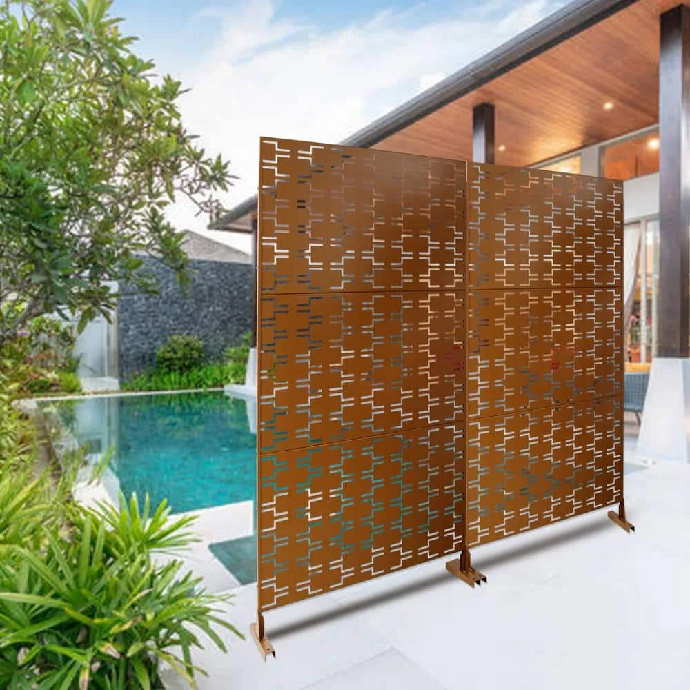 Tidoin 6.3 ft. x 4 ft. Brown Steel Freestanding Flat Flat Top Decorative Privacy Screen Metal Fence Panel, photo 3 of 6