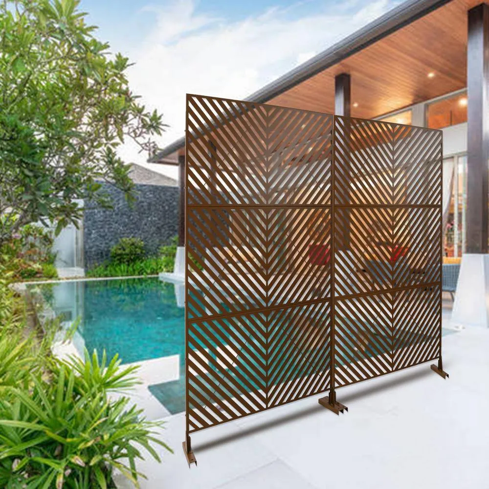 Tidoin 6.3 ft. x 4 ft. Brown Steel Freestanding Flat Flat Top Decorative Privacy Screen Metal Fence Panel, photo 4 of 6