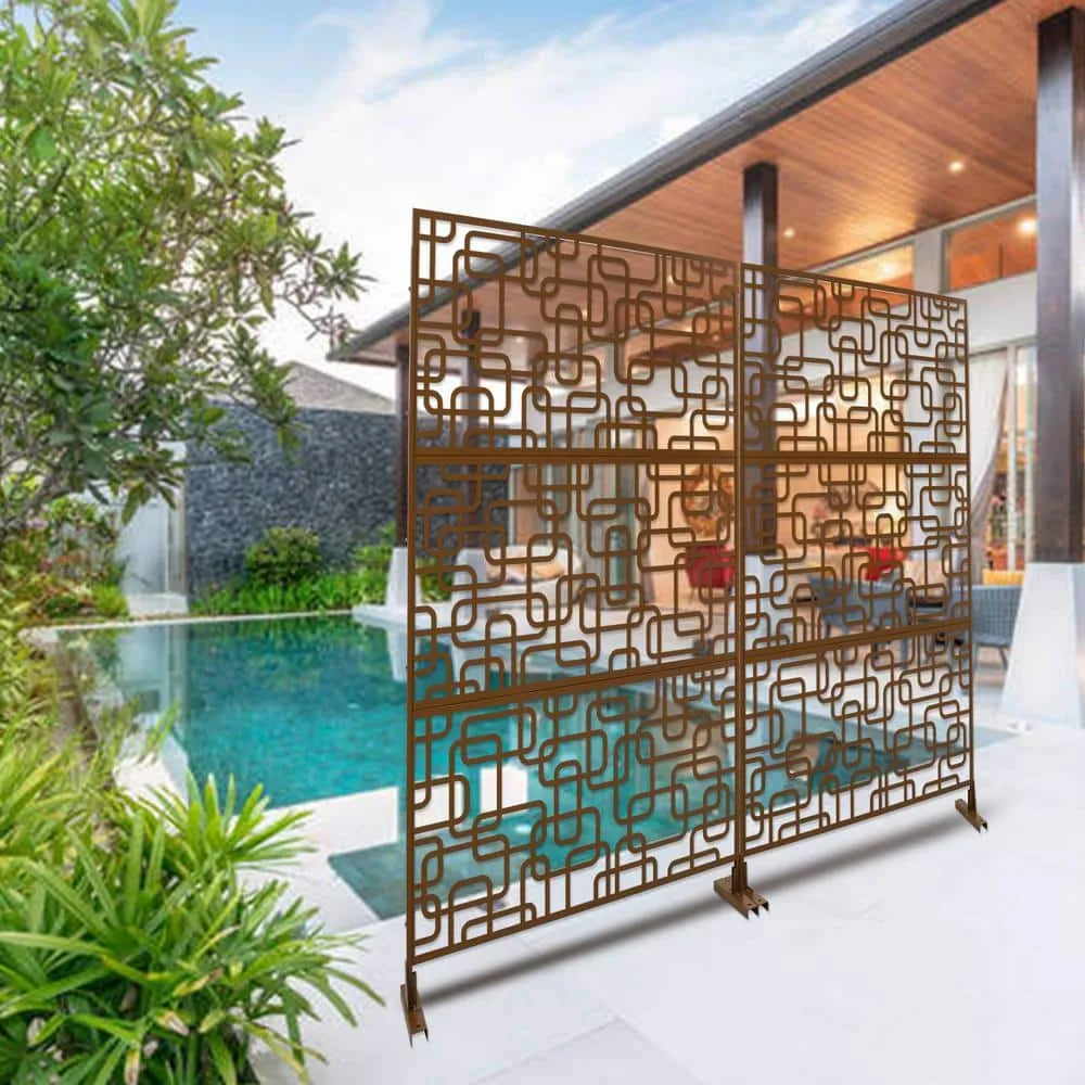 Tidoin 6.3 ft. x 4 ft. Brown Steel Freestanding Flat Flat Top Decorative Privacy Screen Metal Fence Panel, photo 4 of 6
