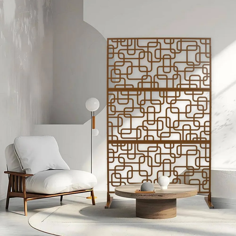 Tidoin 6.3 ft. x 4 ft. Brown Steel Freestanding Flat Flat Top Decorative Privacy Screen Metal Fence Panel, photo 3 of 6