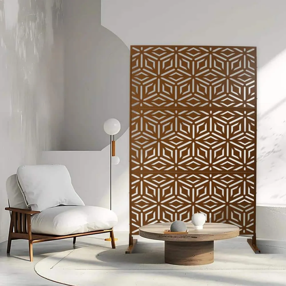 Tidoin 6.3 ft. x 4 ft. Brown Steel Freestanding Flat Flat Top Decorative Privacy Screen Metal Fence Panel, photo 4 of 6