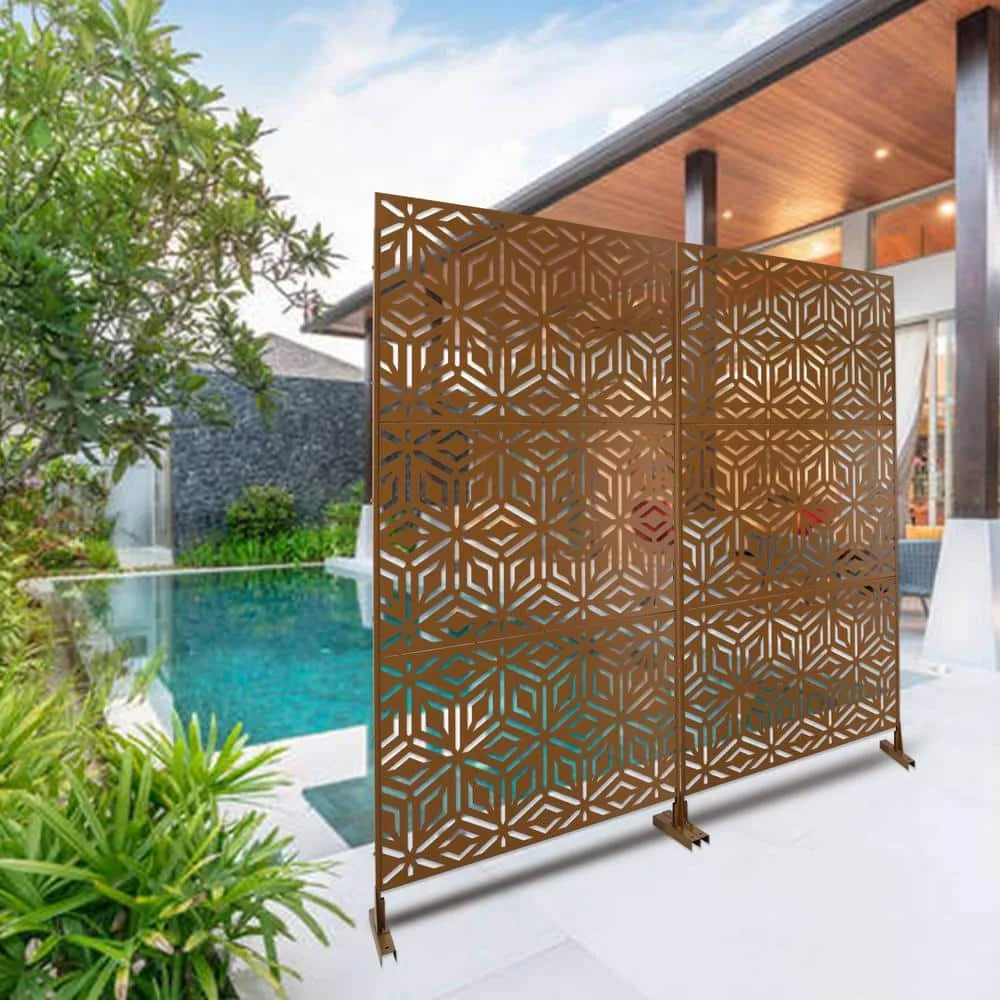 Tidoin 6.3 ft. x 4 ft. Brown Steel Freestanding Flat Flat Top Decorative Privacy Screen Metal Fence Panel, photo 3 of 6